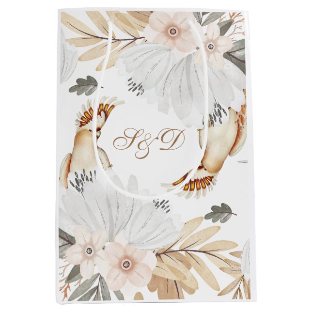 Elegante Monogram Boho Aquarellfarben Blume & Vöge Mittlere Geschenktüte (Vorderseite)
