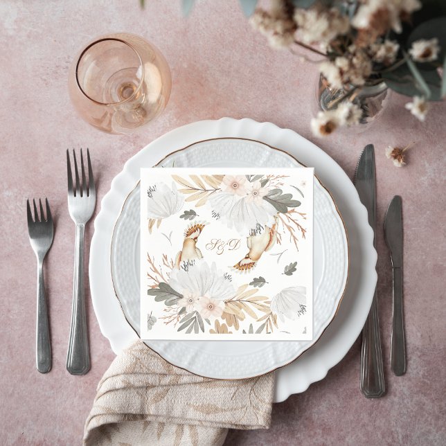 Elegante Monogram Boho Aquarellfarben Blume & Vöge Serviette (Von Creator hochgeladen)