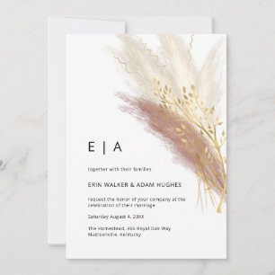 Elegante Monogram Boho Pink Gold Pampas Grass Invi Einladung