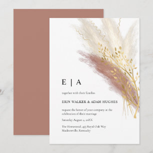 Elegante Monogram Boho Pink Gold Pampas Grass Invi Einladung