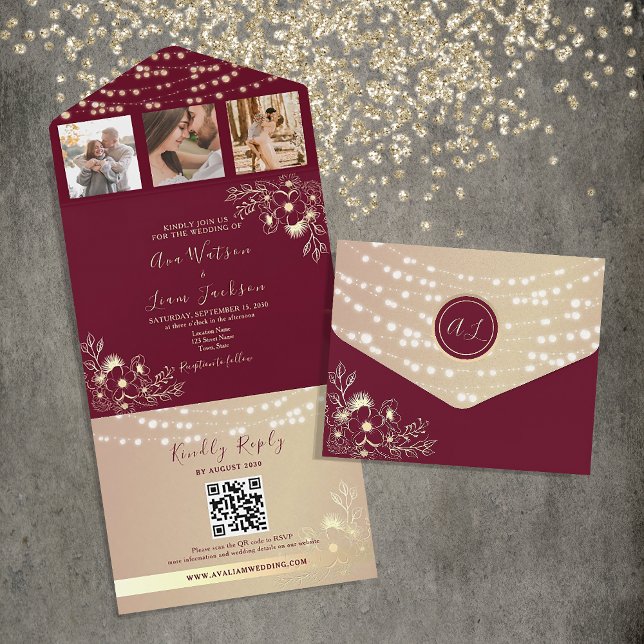 Elegante Monogram Burgundy und Gold Wedding All In One Einladung (Von Creator hochgeladen)