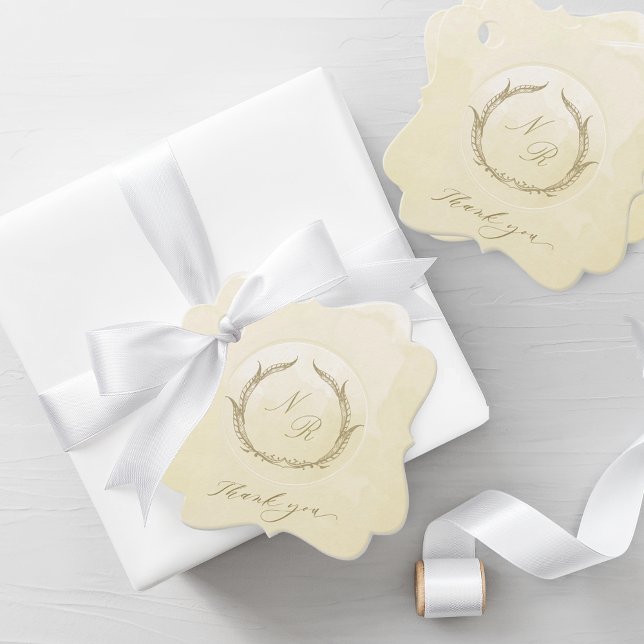 Elegante Monogram Champagne Watercolor Wedding Geschenkanhänger (Von Creator hochgeladen)