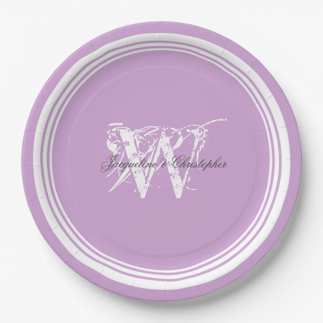Elegante Monogram Chic Mauve und White Wedding Pappteller (Vorderseite)