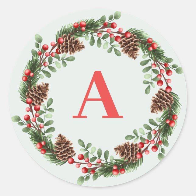 Elegante Monogram Christmas Cones Wreath Runder Aufkleber (Vorderseite)