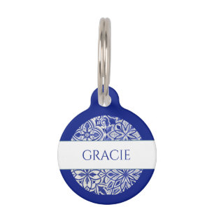 Elegante Monogram Custom Blue White Tile Haustiermarke
