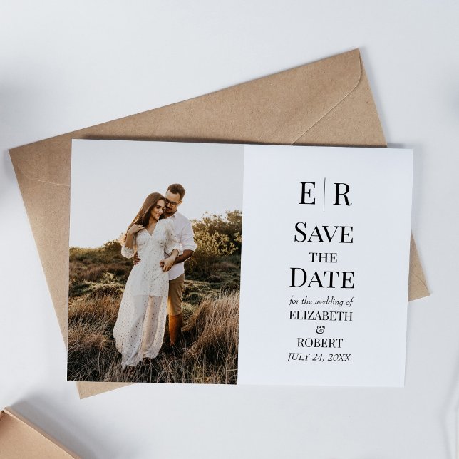 Elegante Monogram Custom Foto Save the Date Card Einladung (Elegant Monogram Custom Photo Save the Date Card on white table)