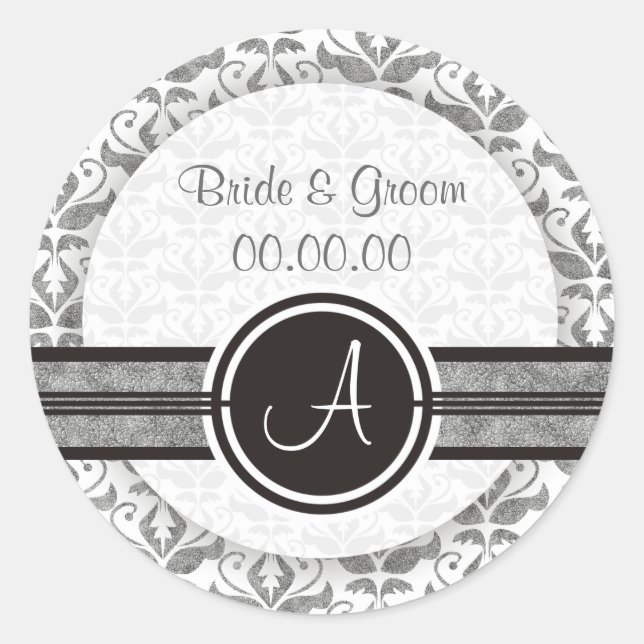 Elegante Monogram Damask Save the Date Stickers (Vorderseite)