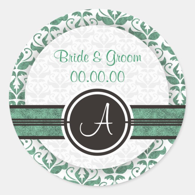 Elegante Monogram Damask Save the Date Stickers (Vorderseite)