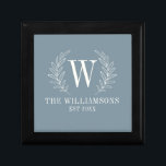Elegante Monogram Dusty Blue Familienname Erinnerungskiste<br><div class="desc">Diese staubblaue und weiße Geschenkboxen ist mit einem Lorbeer-Monogramm,  Ihrem Namen und Ihrem Hochzeitstag dekoriert. Ideal für Hochzeiten und Jubiläumsgeschenke. Personalisieren Sie es mit Ihrem Anfangs-,  Namen- und Hochzeitsdatum. Es gibt eine Vielzahl von Farben. Entworfen für Sie von BlackBerry Boulevard.</div>