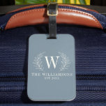 Elegante Monogram Dusty Blue Familienname Gepäckanhänger<br><div class="desc">Dieses staubige blau-weiße Gepäckanhänger ist mit einem Lorbeerblatt-Monogramm und Ihrem Namen und Ihrem Hochzeitstermin dekoriert. Es ist ein idealer Ort für Hochzeiten und Jubiläen. Personalisieren Sie es mit Ihrem Anfangs-,  Namen- und Hochzeitsdatum. Es gibt eine Vielzahl von Farben. Entworfen für Sie von BlackBerry Boulevard.</div>