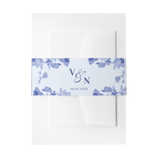 Elegante Monogram Dusty Blue Floral Wedding Einladungsbanderole (Vorderseite Beispiel)