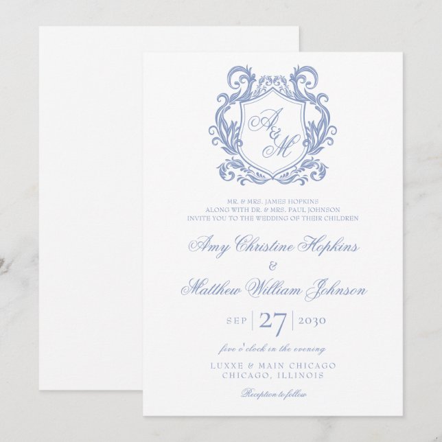 Elegante Monogram Dusty Blue Wappen Wedding Einladung (Vorne/Hinten)