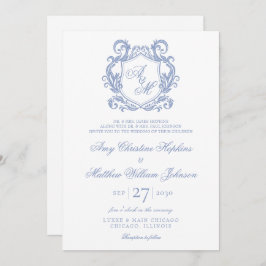 Elegante Monogram Dusty Blue Wappen Wedding Einladung