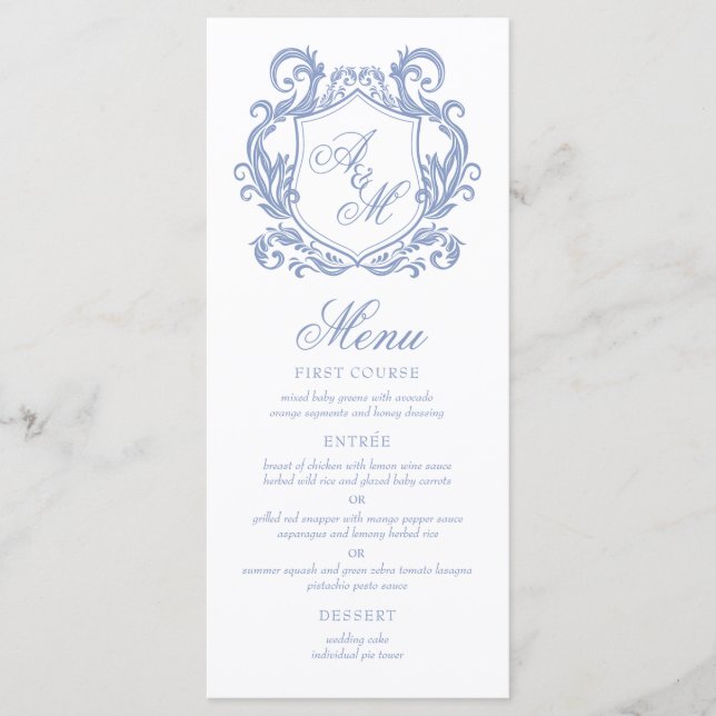 Elegante Monogram Dusty Blue Wappen Wedding Menükarte (Vorderseite)