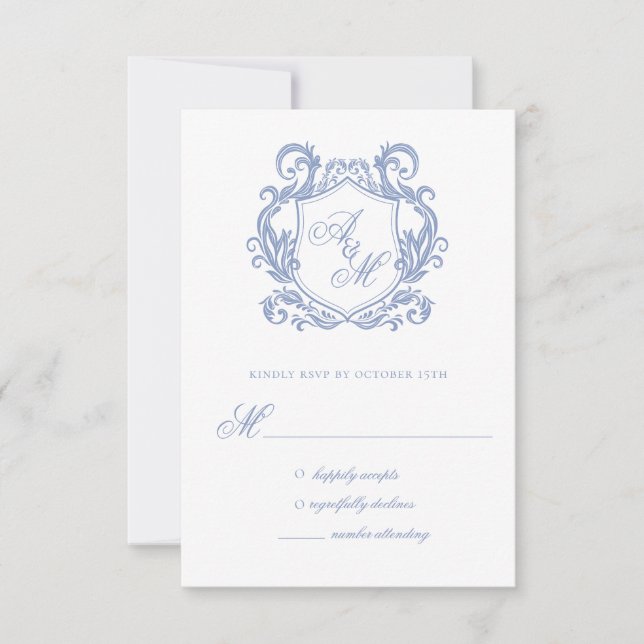 Elegante Monogram Dusty Blue Wappen Wedding RSVP Karte (Vorderseite)