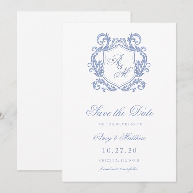 Elegante Monogram Dusty Blue Wappen Wedding Save The Date (Vorne/Hinten)
