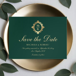 Elegante Monogram Emerald Green Gold Wedding Save The Date