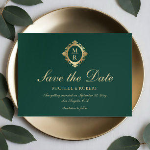 Elegante Monogram Emerald Green Gold Wedding Save The Date