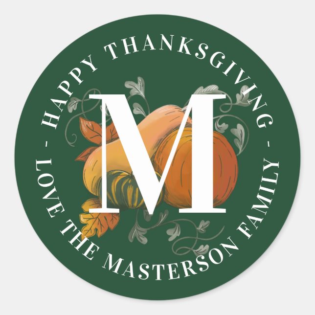 Elegante Monogram Fall Harvest Happy Thanksgiving Runder Aufkleber (Vorderseite)