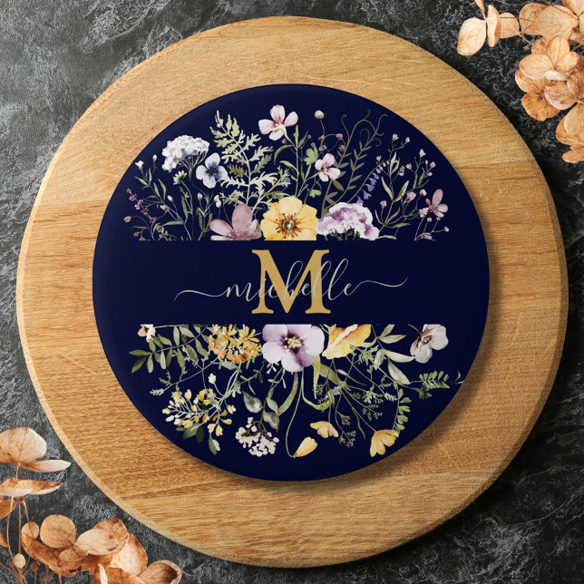 Elegante Monogram Farbenfrohe Wildblume Garten Blu Button (Close up)