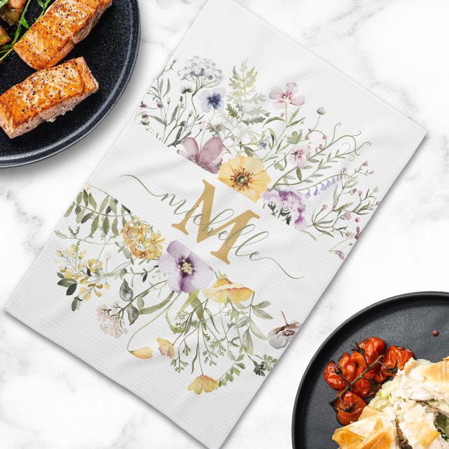 Elegante Monogram Farbenfrohe Wildblume Garten Blu Geschirrtuch (In situ)