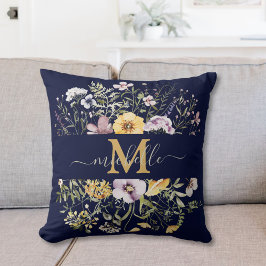Elegante Monogram Farbenfrohe Wildblume Garten Blu Kissen