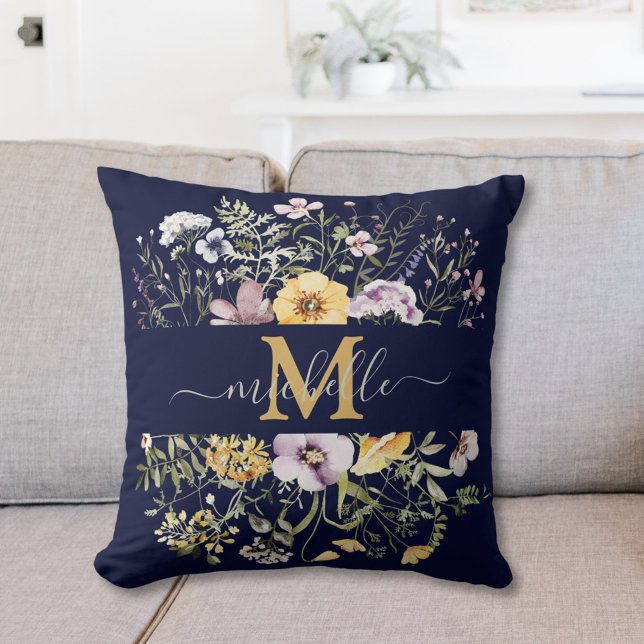 Elegante Monogram Farbenfrohe Wildblume Garten Blu Kissen (In situ)