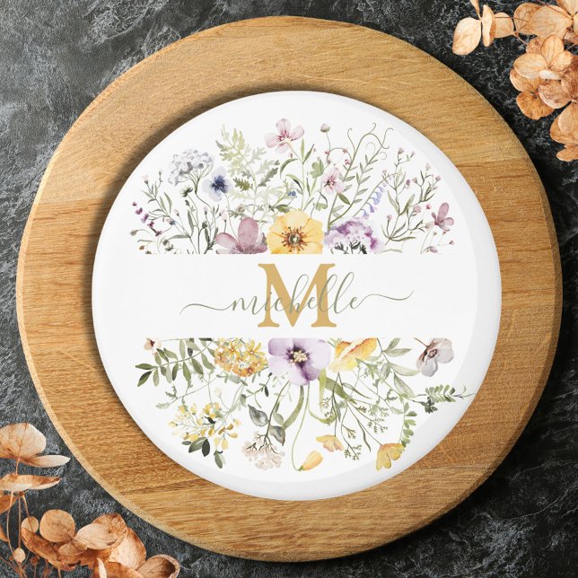 Elegante Monogram Farbenfrohe Wildblume Garten Blu Magnet (Close up)