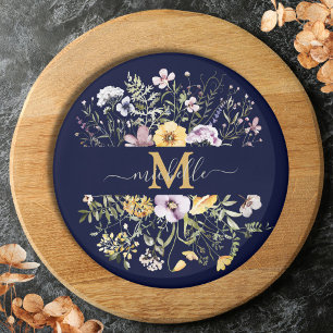Elegante Monogram Farbenfrohe Wildblume Garten Blu Magnet