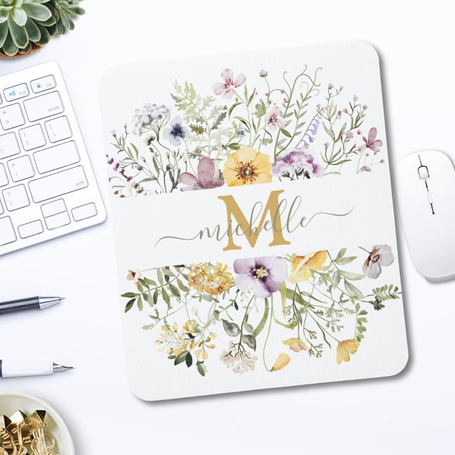 Elegante Monogram Farbenfrohe Wildblume Garten Blu Mousepad (In situ)