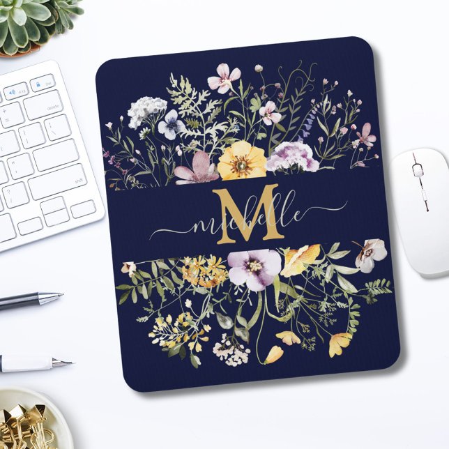 Elegante Monogram Farbenfrohe Wildblume Garten Blu Mousepad (In situ)