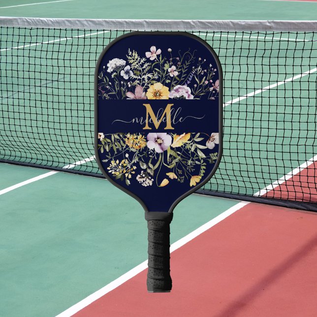 Elegante Monogram Farbenfrohe Wildblume Garten Blu Pickleball Schläger (In situ)