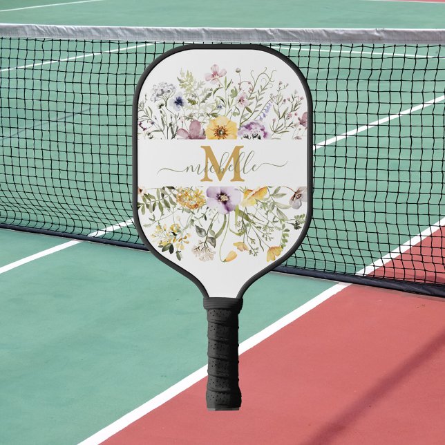 Elegante Monogram Farbenfrohe Wildblume Garten Blu Pickleball Schläger (In situ)