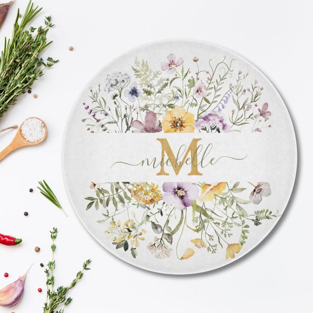 Elegante Monogram Farbenfrohe Wildblume Garten Blu Schneidebrett (In situ)