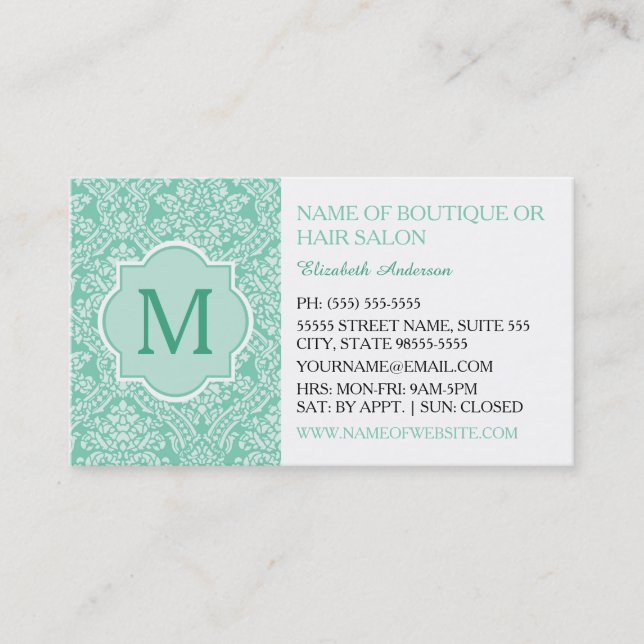 Elegante Monogram Feminine Mint Damask Boutique Visitenkarte (Vorderseite)