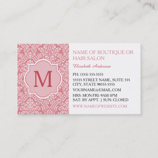 Elegante Monogram Feminine Pink Damask Schönheitss Visitenkarte (Vorderseite)