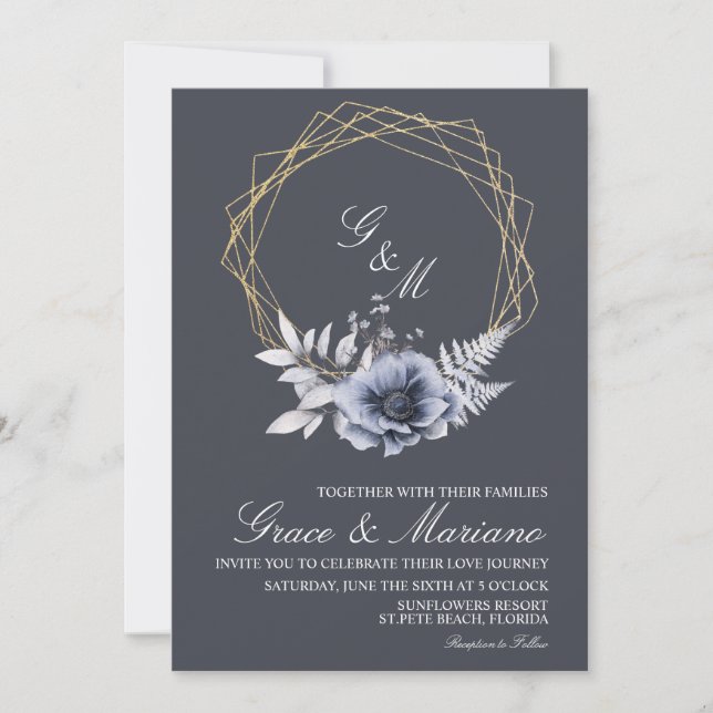 Elegante Monogram Floral Blue Wedding Einladung (Vorderseite)