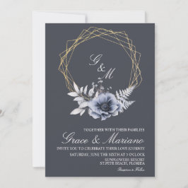 Elegante Monogram Floral Blue Wedding Einladung