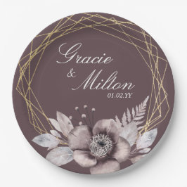 Elegante Monogram Floral Mauve Gold Wedding Pappteller