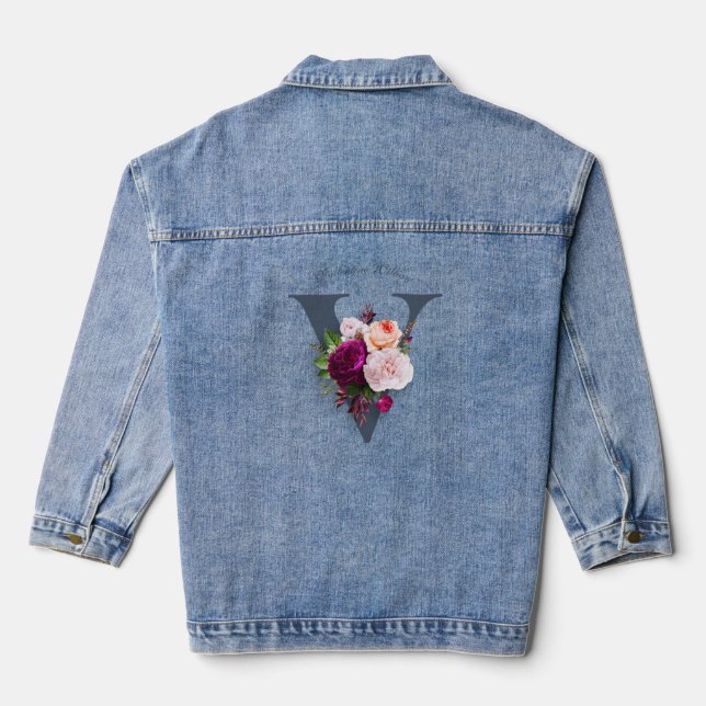 Elegante Monogram Floral Rose Blue Initial Modern Jeansjacke (Rückseite)