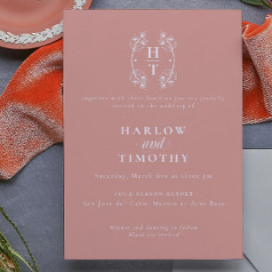 Elegante Monogram Floral Wappen Gold Rose Hochzeit Einladung