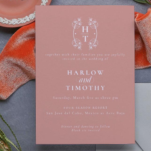 Elegante Monogram Floral Wappen Gold Rose Hochzeit Einladung (Elegant Monogram Floral Crest gold rose Wedding Invitation)