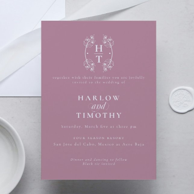 Elegante Monogram Floral Wappen staubig mauve Wedd Einladung (Elegant Monogram Floral Crest dusty mauve Wedding Invitation)
