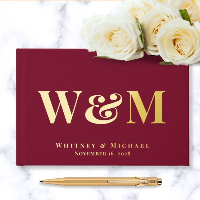 Elegante Monogram Foto Burgundy Wedding Gästebuch (Von Creator hochgeladen)