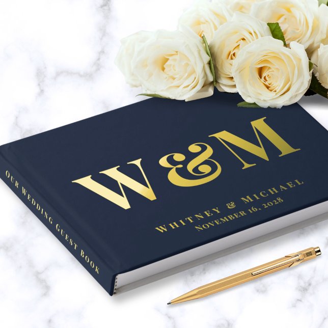 Elegante Monogram Foto Navy Blue Wedding Gästebuch (Von Creator hochgeladen)
