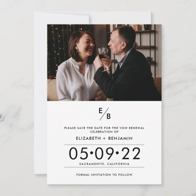Elegante Monogram Foto Vow Renewal Save The Date (Vorderseite)