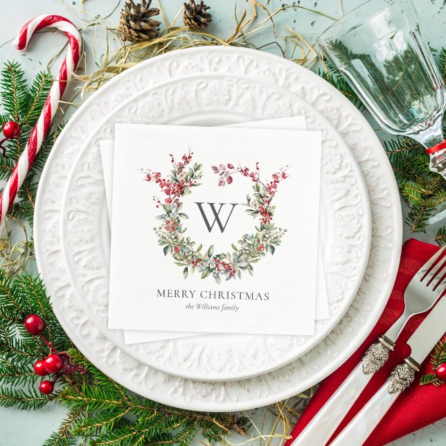 Elegante Monogram Frohe Weihnachtsfeiertage Wreath Serviette (Von Creator hochgeladen)