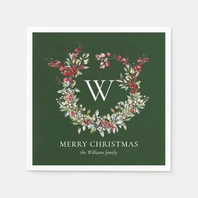 Elegante Monogram Frohe Weihnachtsfeiertage Wreath Serviette (Vorderseite)