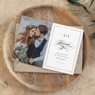 Elegante Monogram Gold Foto Wedding Dankeskarte