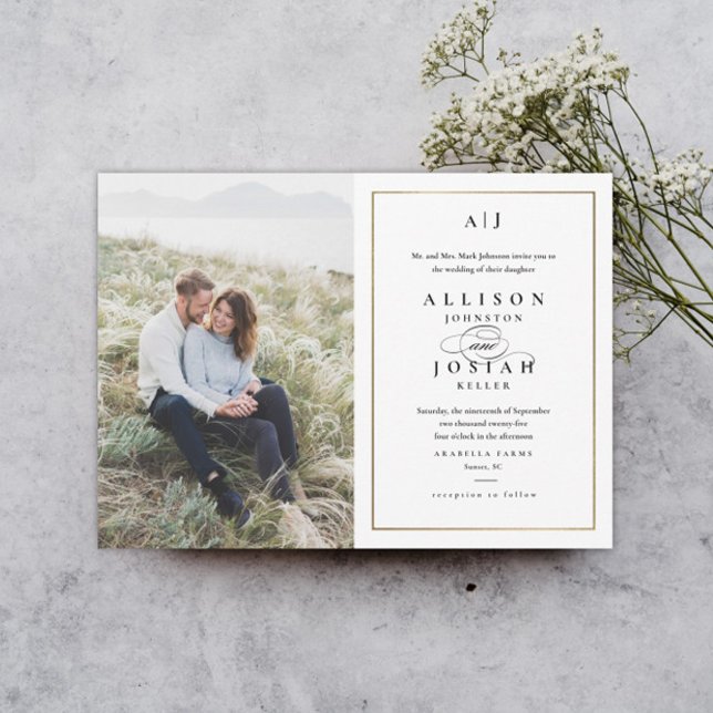 Elegante Monogram Gold Foto Wedding Einladung (Von Creator hochgeladen)